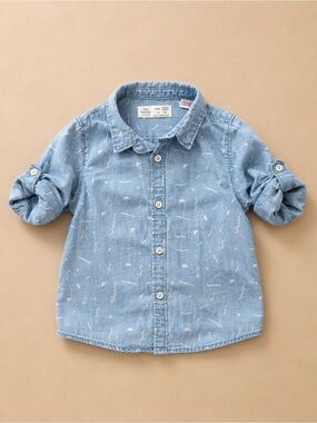 Zara Baby Boy Light Blue Chambray Printed Button Down Shirt 18-24 Months